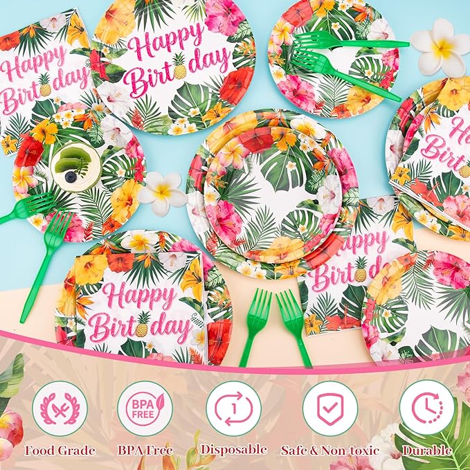Hawaiian Birthday Party Decorations, 99Pcs Aloha Party Plates-Serve 24 With Birthday Banner Tablecloth Napkins Disposable Dinnerware Set for Hawaiian Birthdays Tropical Summer BBQ Party Decorations