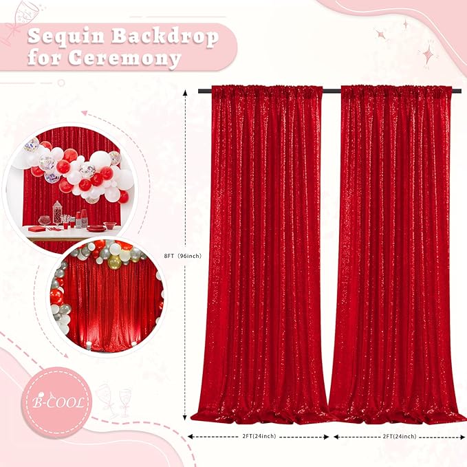B-COOL Red Sequin Backdrop Curtain 2 Panels 2ftx8ft Shiny Valentines Backdrop Drapes Red Glitter Curtains for Wedding Party Birthday Anniversary Background Decoration