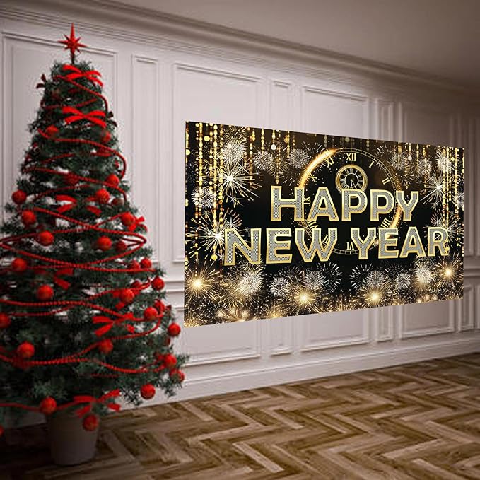 HAPPY NEW YEAR Hanging Extra Large Fabric Sign Poster Black Background Banner with Firework Pattern for New year Party Decorations