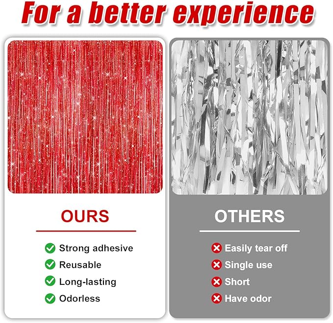 Crosize 2 Pack 3.3 x 9.9 ft Laser Red Foil Fringe Curtains Party Decorations,Tinsel Curtain Backdrop for Parties, Door Streamers, Glitter Streamer Backdrop for Birthday Decoration