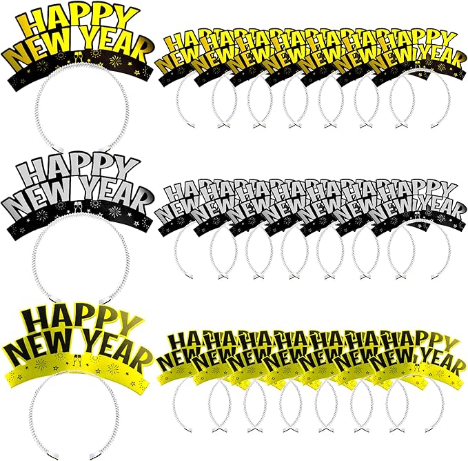 Melisheer 12 PCS New Years Eve Party Supplies, Happy New Years Headband Party Favors Gold Silver Black Headband Accessories