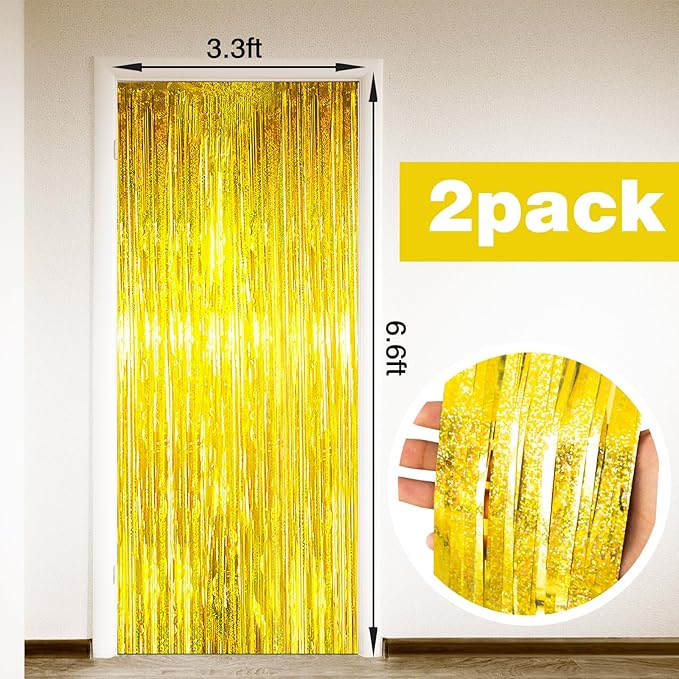 MYUPDALIN 2 Pack Gold Foil Fringe Tinsel Backdrop Party Decorations for Disco/Prom/Dance/Graduation/Birthdays Party Decorations