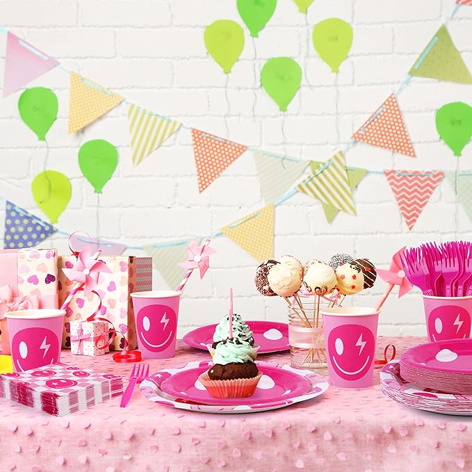 durony 144 Pieces Preppy Birthday Decorations Pink Smile Face Tableware Set Preppy Smile Plates Cups Napkin and Forks for Bachelorette Smiley Face Birthday Party Supplies