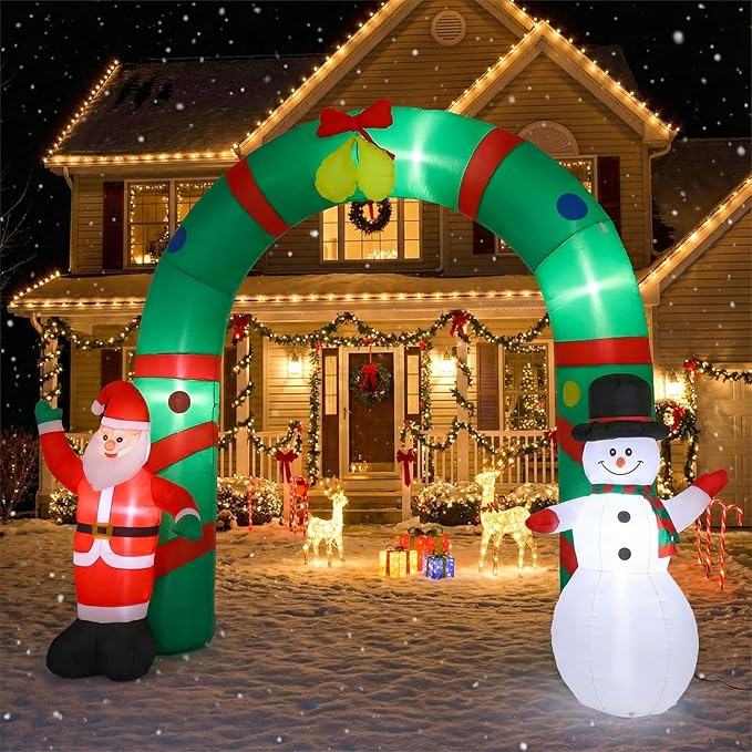 8ft Christmas Inflatable Archway Outdoor Decoration, Santa Claus and Snowman Arch Inflatable Blow up Yard Decor with Built-in LED Lights for Xmas Holiday Party Garden Lawn Decoration