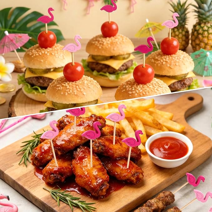 100 Pcs Flamingo Toothpicks, 4.72 Inch Flamingo Toothpicks for Appetizers, Long Bamboo Toothpicks, Decorative Toothpicks Skewers for Luau Hawaii Beach Holiday Party Decorations (Flamingo)