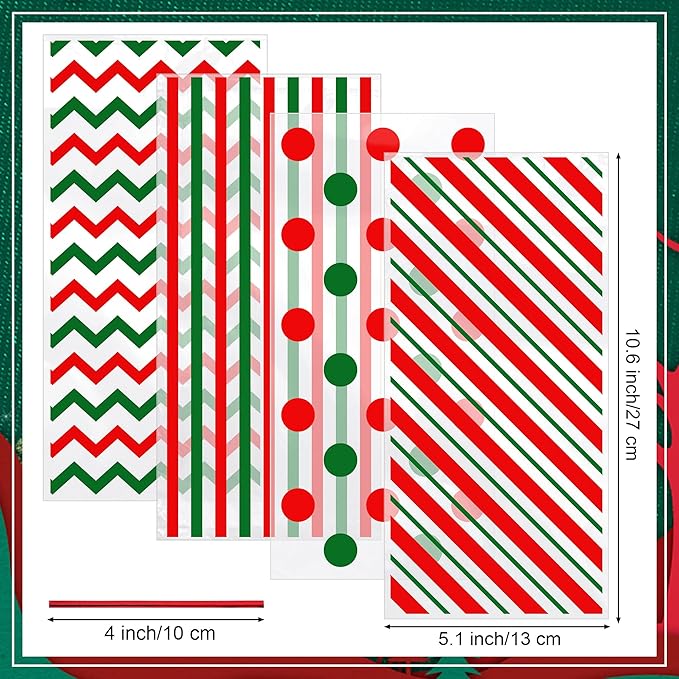 Aneco 100 Pack Christmas Cellophane Bags Classic 10.6 x 5.1 Inch Red Green Plastic Candy Bags Gift Goodie Bag with Twist Ties for Christmas Birthday Gift Cookie Snack Packing Party Favor Supplies