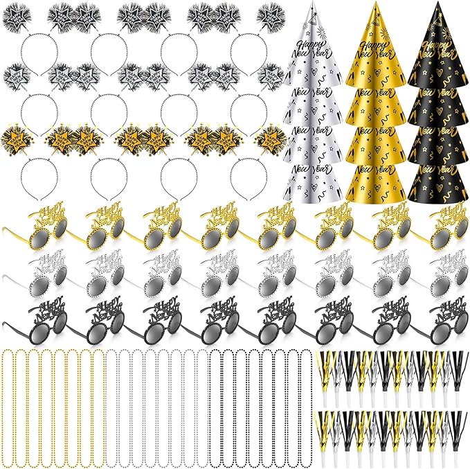 2026 New Years Eve Party Supplies for Guests Happy New Year Headbands Hats Noise Makers Glasses Necklace