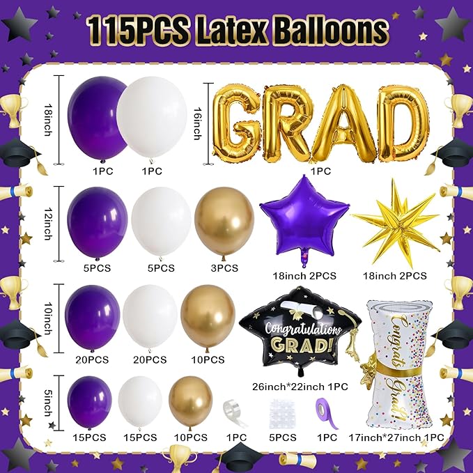 Purple Graduation Balloons Garland Arch Kit, 115 PCS Purple Gold White Graduation Star Print Certificate Grad Foil Balloons with Gold Explosion Star Balloon for Graduate Class of 2026 Prom Party Decor