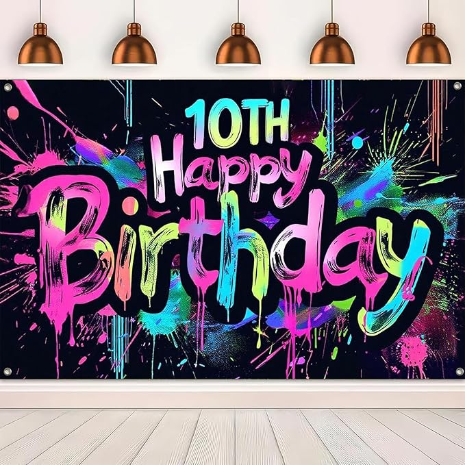 Neon 10th Happy Birthday Banner 71x43 Inch Paint Splatter Glow in The Dark Party Backdrop Colorful Wall Decor for Kids Boys Girls Tenth Birthday Celebrations Photo Booth Event Supplies