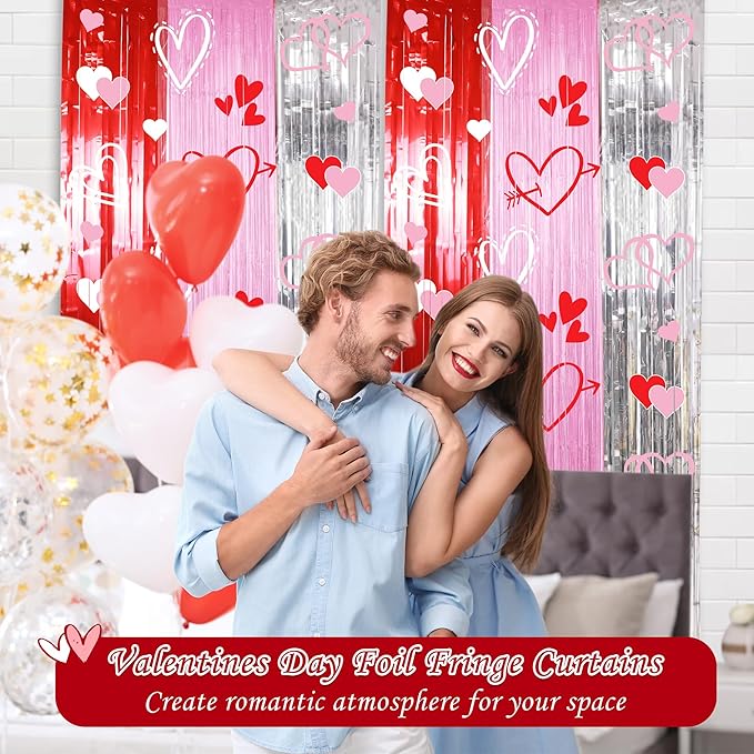 Foil Fringe Curtains Backdrop Valentines Party Decorations, 2 Pack 3.3 x 6.6 FT Red Pink Silver Tinsel Valentines Day Backdrop, Valentine Photo Backdrops Galentines Day Decor Wedding Party Decor