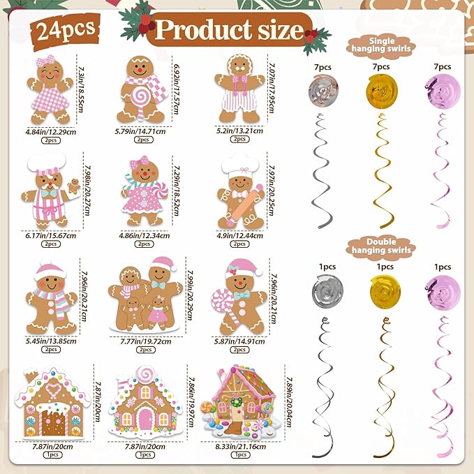 24pcs Pink Gingerbread Party Decorations Hanging Swirls Christmas Gingerbread Streamers Decor for Christmas Birthday Party Supplies