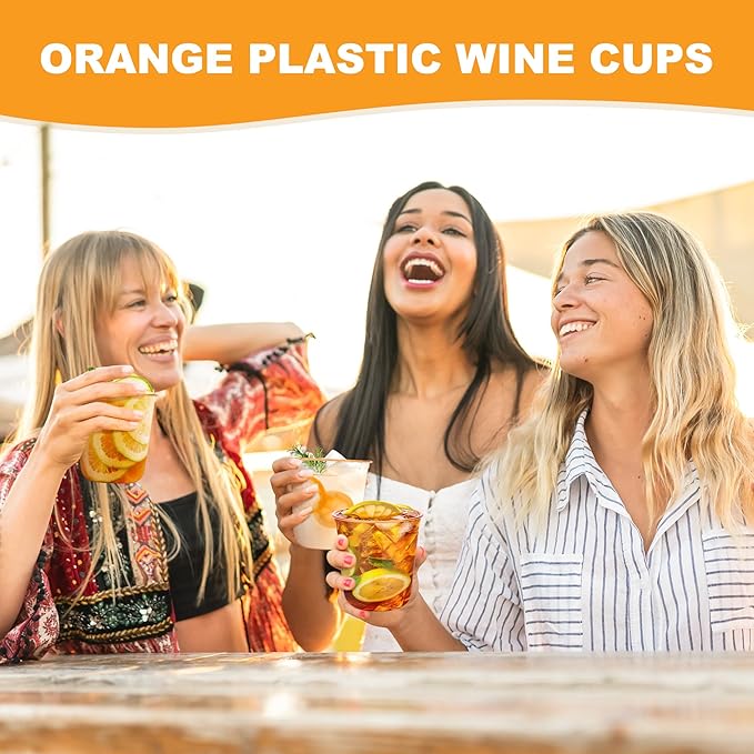 KesaPlan 50 Pcs Halloween Fall Orange Plastic Cups, 12 oz Disposable Stemless Wine Glasses, Plastic Cocktail Glasses for Juices Coffee Soda, Round Bottom Party Cups for Thanksgiving Wedding Party