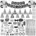 73pcs Black Silver New Years Eve Party supplies Including New Years Hats Happy New Year banner Photo Props Fringe Curtain Backdrop Noisemaker Balloons for New Year's Eve Party NYE Decorations 2026