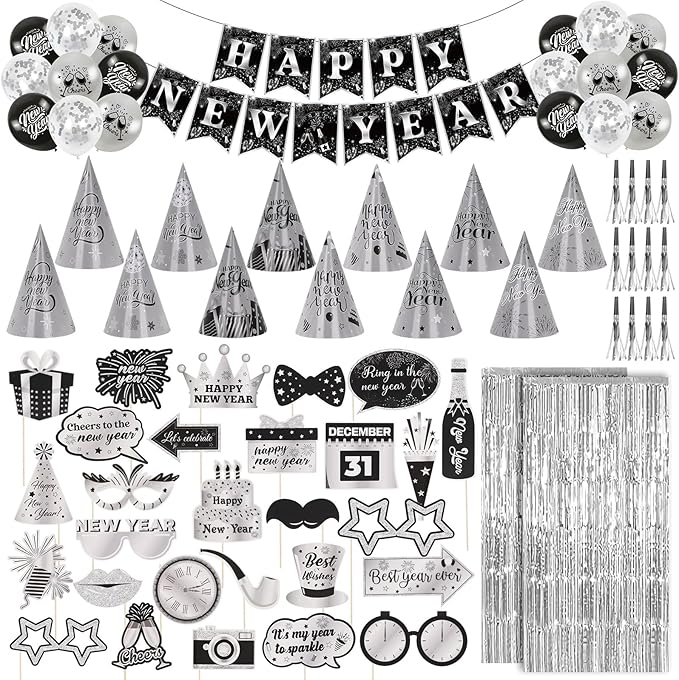 73pcs Black Silver New Years Eve Party supplies Including New Years Hats Happy New Year banner Photo Props Fringe Curtain Backdrop Noisemaker Balloons for New Year's Eve Party NYE Decorations 2026