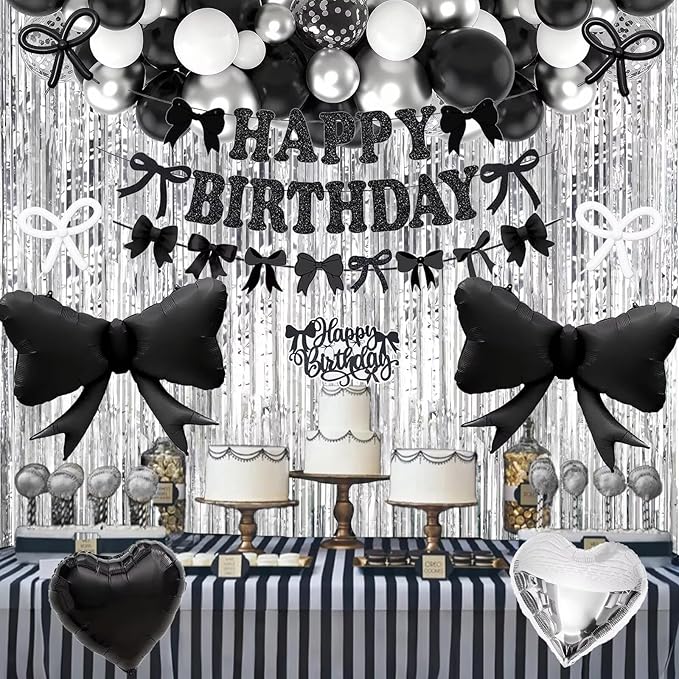 Black Bow Birthday Decorations, Coquette Bow Black and White Silver Balloons with Happy Birthday Banner Fringe Curtain Cake Toppers for Women Girls Baby Shower Party Supplies