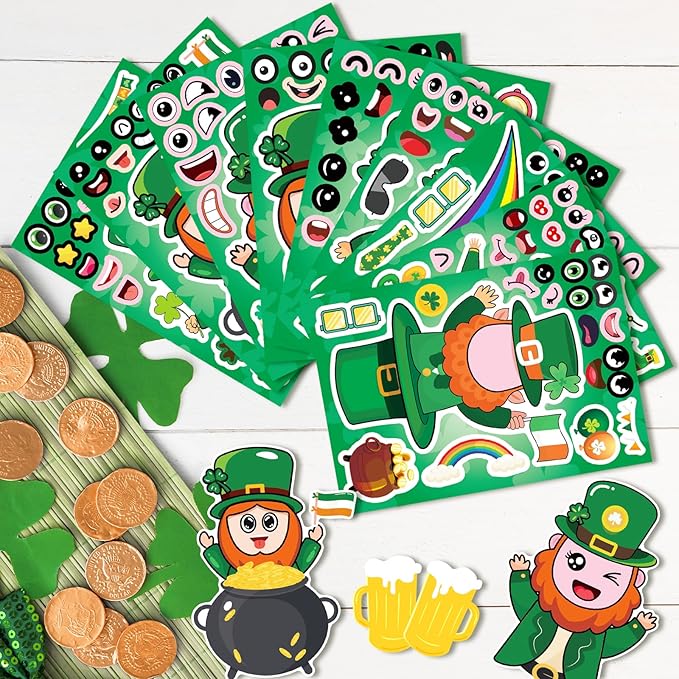 27 Sheets St Patricks Day Stickers for Kids - Leprechaun Make a Face & Shamrock & Four Leaf Clover Stickers for Irish Green Saint Patrick's Day, DIY Classroom Gifts Crafts Games Party Favors Supplies