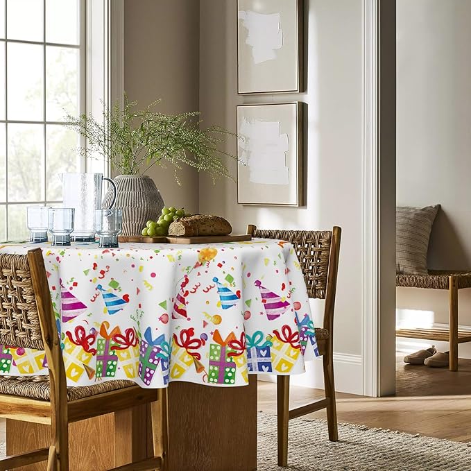 Horaldaily Birthday Tablecloth 60x60 Inch Round, Happy Birthday Ballon White Washable Seasonal Table Cover for Party Picnic Dinner Decor