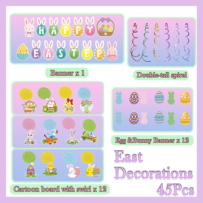 45 Pcs Happy Easter Banners Garland Easter Decorations for Office Home School Classroom Bunny Egg Hanging Decor Supplies for Egg Hunt Party Favors