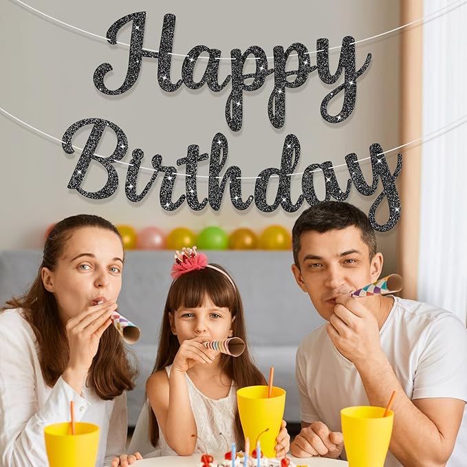 Glitter Happy Birthday Banner Sign Birthday Garland Wall Door Banners Flag for Women Men Boys Girls Party Backdrop Decorations Black