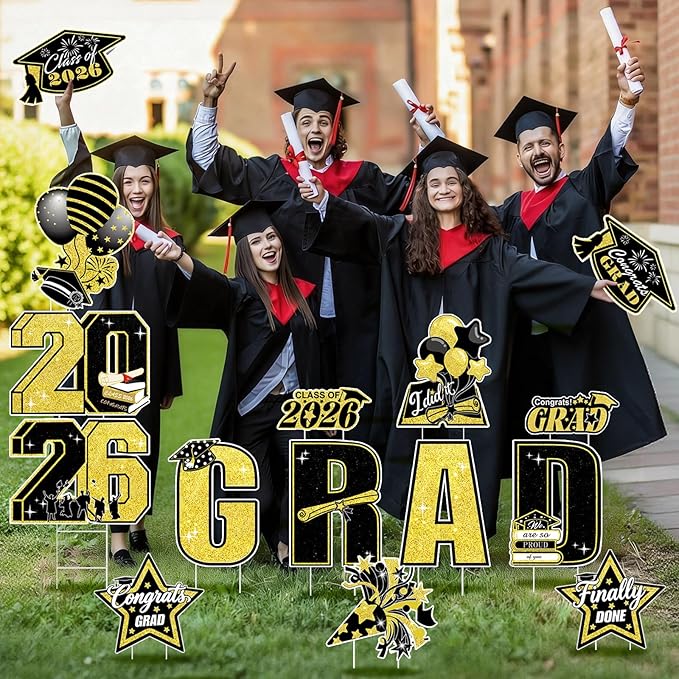 15 PCS Graduation Yard Signs Class of 2026 Decorations, 2026 Graduation Decorations - Large 4FT Tall Congrats Grad Lawn Sign Set with H-Stake & Fiberglass Rods, Waterproof Outdoor & Indoor Graduation Party Decor, Black and Gold