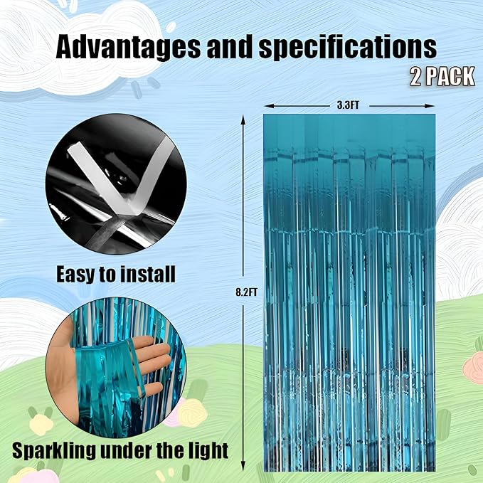 Valentines Day 2 Pack 3.3 * 8.3 ft Foil Curtain Metallic Tinsel Fringe Curtains Photo Booth Props Backdrop for Birthday Wedding Engagement Baby Shower Christmas Holiday Celebration Partyl,Light Blue