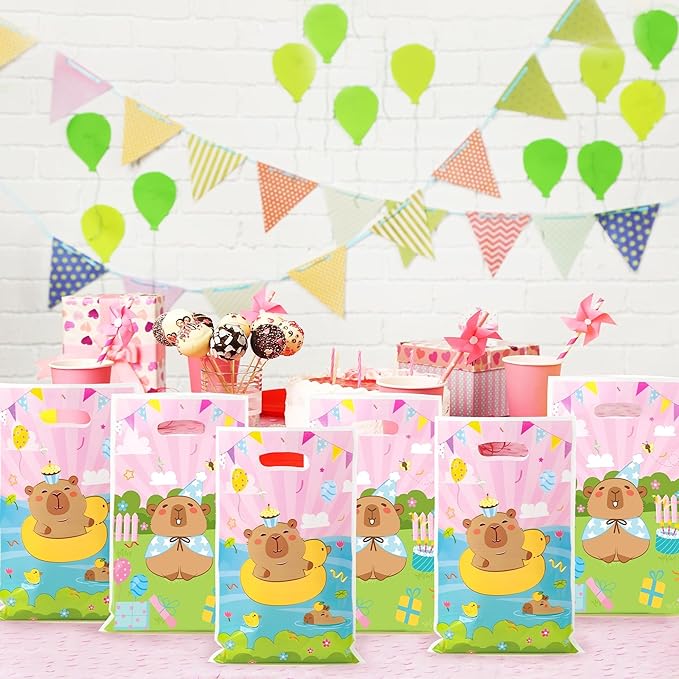 Capy Party Favor Bags - 50Pcs Pink Capy Patterns Goody Candy Treat Bags, Cute Animals Themed Party Decorations for Kids Boys Girls Birthday Baby Shower Animals Events Supplies