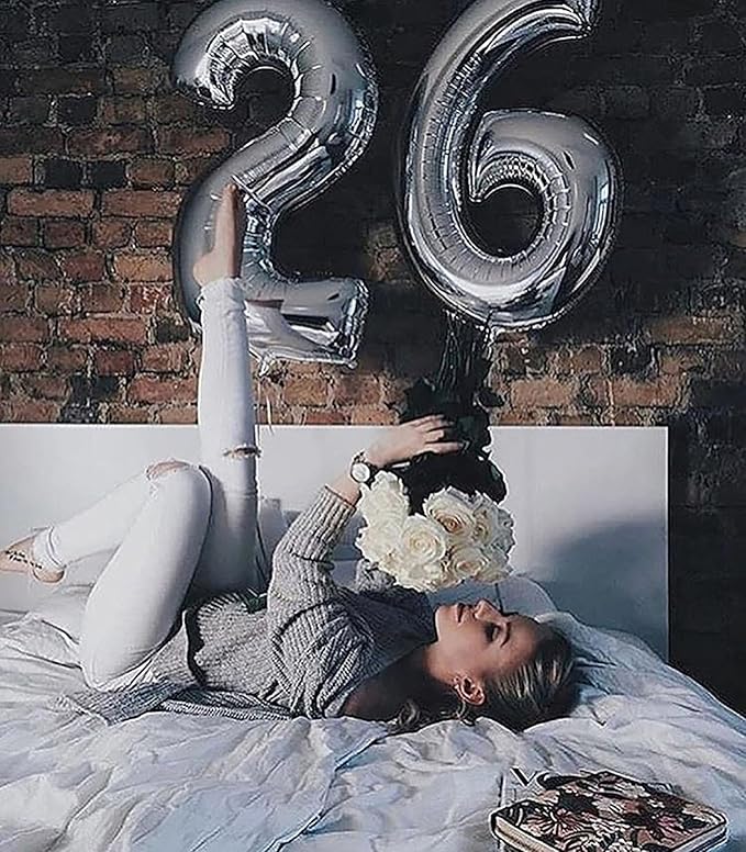 Large Silver 26 Number Balloons, 40 Inch Jumbo Number 26 Balloon, Silver Foil Mylar Balloons for Girl Sweet 26th/62th Birthday Party, Anniversary Decorations