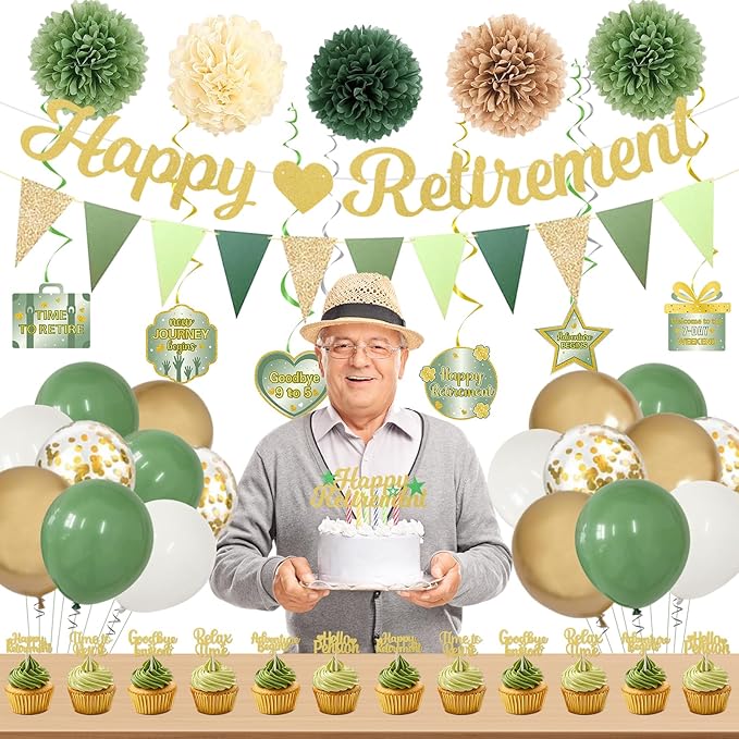 Roetyce Retirement Party Decorations Women Men, Green Happy Retirement Banner Balloons Cake Topper Hanging Swirls Pompoms Kit, Sage Green Office Retired Party Supplies for Coworker