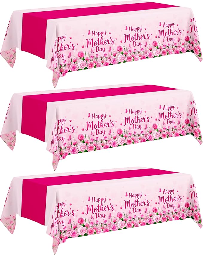 3-Pack Mother's Day Tablecloth, Mothers Day Party Decorations, 54" x 108" Pink Flowers Plastic Disposable Table Covers,Mother's Day Party Supplies
