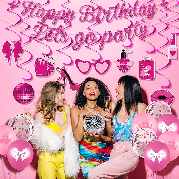 Pink Birthday Party Decorations - Happy Birthday Banner, Let's Go Party Banner, Latex Balloons, Hanging Swirls for Girls, Women, Princess, Baby Shower, Bachelorette