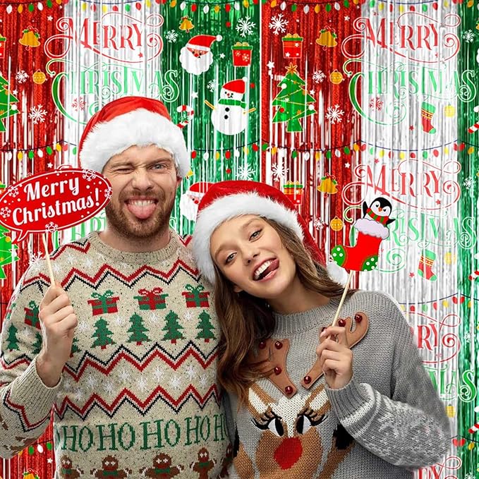 Avezano 98pcs Christmas Decorations Set, Merry Christmas Foil Fringe Tinsel Curtains Balloons Arch Garland Favors for Kids & Adults Selfie Picture Holiday Party Props for Photo Backdrop Supplies