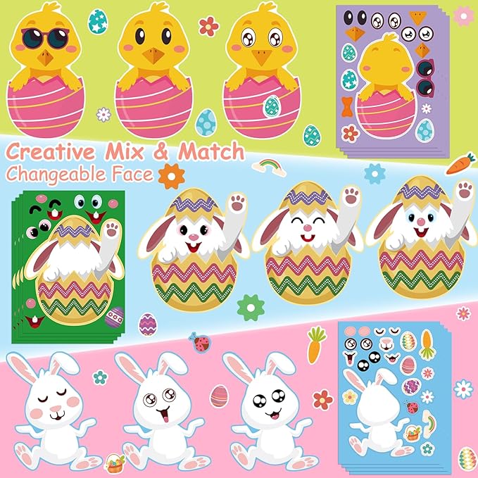 Aowplc 48 Pcs Easter Make-a-Face Sticker Sheets, 8”x 6" Mix and Match Stickers with Animals & Eggs for Kids’ Easter Basket Stuffers, Crafts, Party Favors