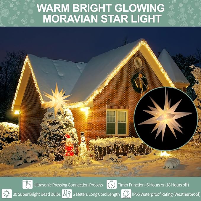 18" White LED Moravian Star Outdoor Light,Waterproof 3D Christmas Tree Topper Lamp with Timer Function,Hanging Outdoor Christmas Light for Holiday Porch Room Party Decoration