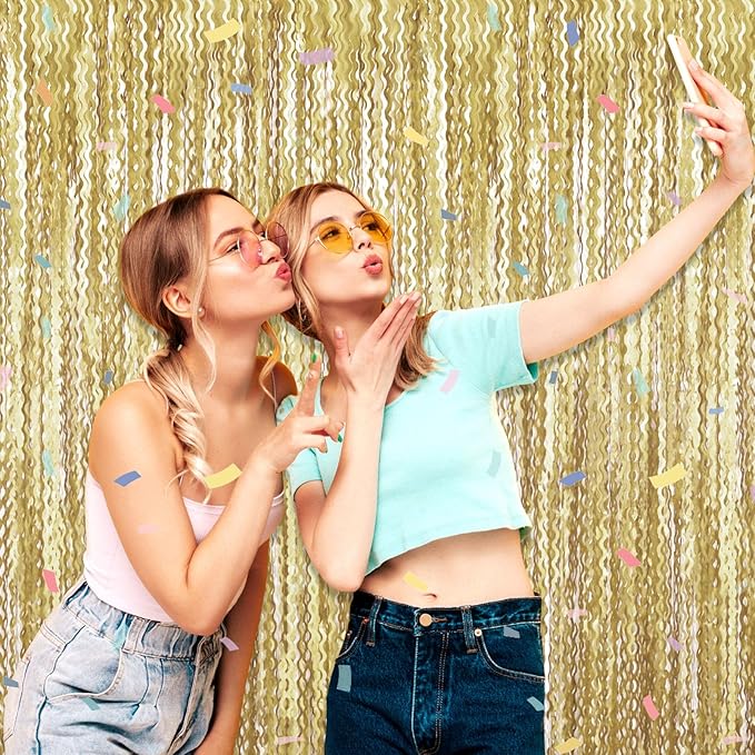 4 Pack Light Gold Wave Foil Fringe Curtain Backdrop, 3.28Ft x 8.2Ft Metallic Tinsel Foil Fringe Streamer Curtains for Photo Booth, Mother's Day, Easter, Birthday, Wedding Party Decoration