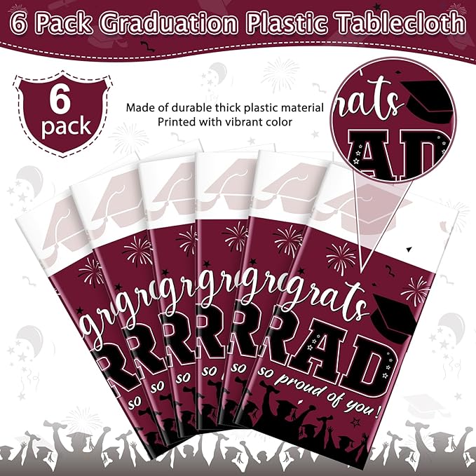 6 Pack Graduation Tablecloth Party Decorations, Class of 2026 Congrats Grad Plastic Tablecover Party Supplies, Maroon Rectangle Graduation Table Decorations for College High School Party, 54 x 108Inch
