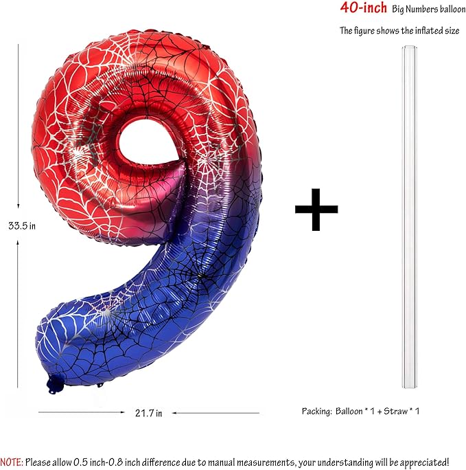 40 Inch Red and Blue Spider Theme Large Number 9 Balloon Giant Foil Birthday Balloons for Spider Theme Party Boy or Girl 9 th Birthday Wedding Anniversary Baby Shower Party Decorations