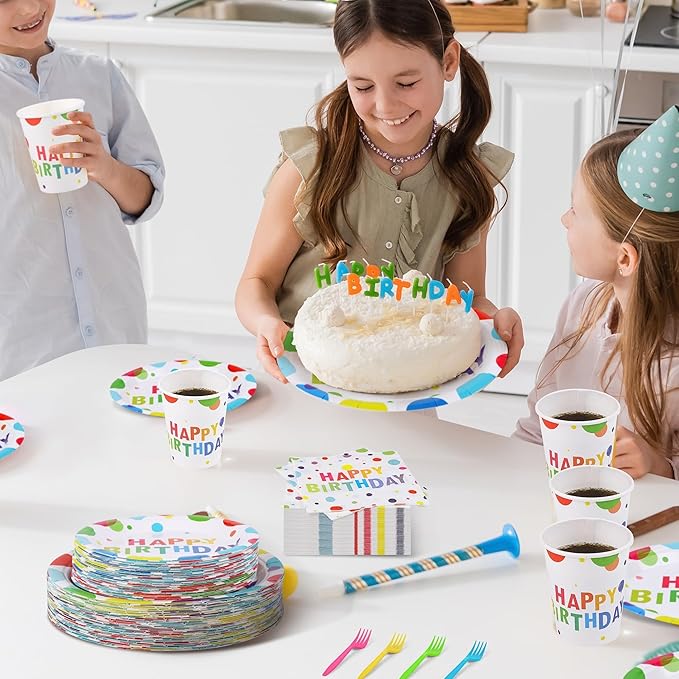 Kochorie 144 Pieces Happy Birthday Print Party Decorations Including Disposable Plates Napkins Cups Forks Tableware Sets Serves 24 for Birthday Party Supplies