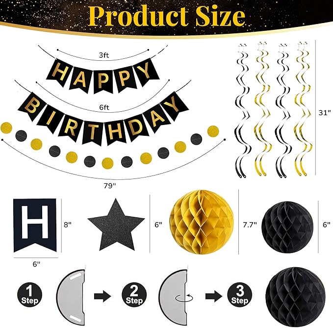 Happy Birthday Decorations Happy Banner with Honeycomb Balls, Swirls Set Happy Decorations Sign for Men Women Boys Girls Birthday Party Supplies Kit for Indoor Outdoor