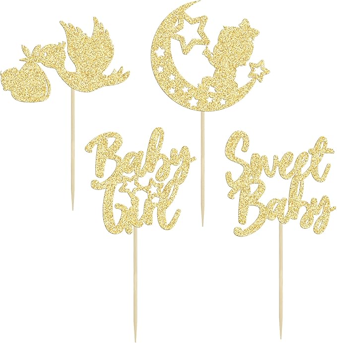 24Pcs Babyshower Girl Cupcake Toppers Glitter Moon Star Sweet Baby Gender Reveal Cupcake Picks Baby Shower Kids Girls Birthday Party Cake Decorations Supplies Gold