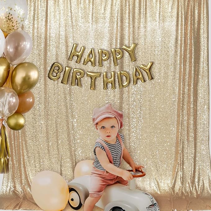 PartyDelight Light Gold Sequin Backdrop 6x8ft - High Density 3mm Shimmer Sequin Background with 4-Inch Rod Pocket, Sparkly Photography Curtain for Wedding, Birthday, TikTok & Live Decor