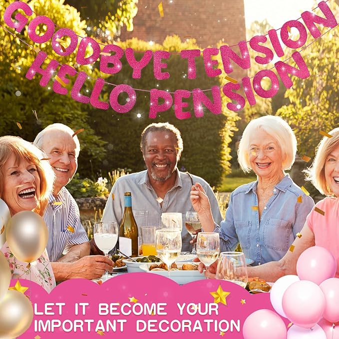 Retirement Banner Pre-Strung GOODBYE TENSION HELLO PENSION Banner Glitter Retirement Party Supplies Decorations for Women Men Office Home Decor (Hot pink)