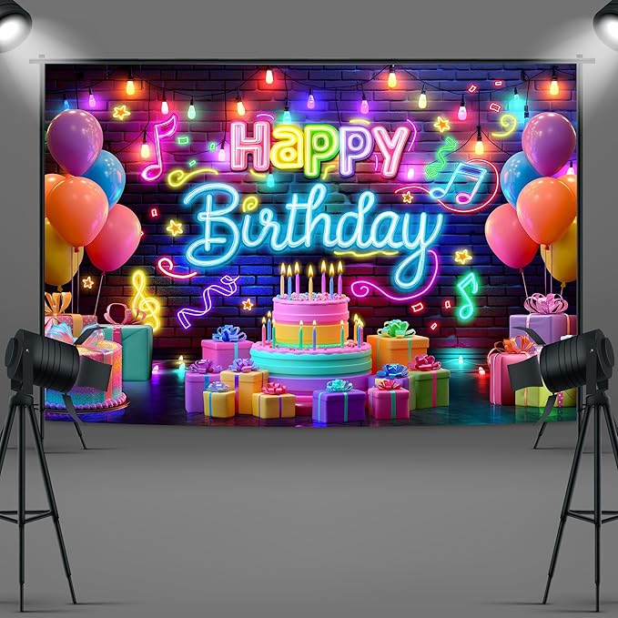 Imirell Neon Happy Birthday Backdrop 7Wx5H Feet Music Party Graffiti Splash Paint Colorful Notes Lights Brick Wall Polyester Fabric Balloons Photography Backgrounds Photo Shoot Decor Props Decoration