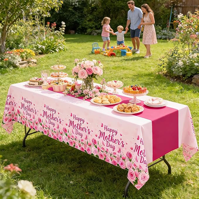 3-Pack Mother's Day Tablecloth, Mothers Day Party Decorations, 54" x 108" Pink Flowers Plastic Disposable Table Covers,Mother's Day Party Supplies
