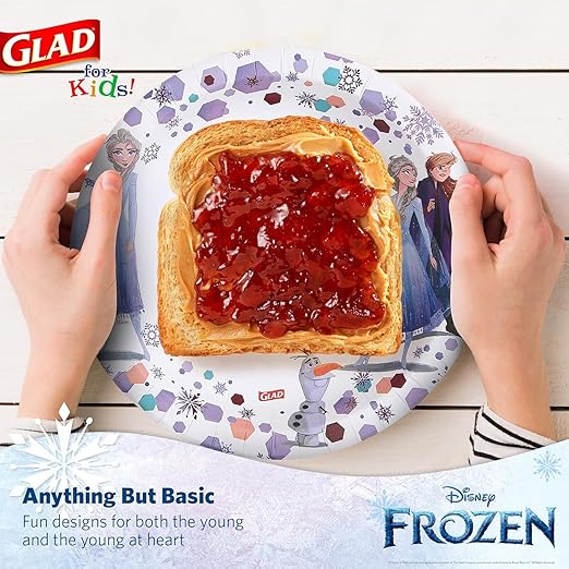 Glad for Kids Disney Frozen Disposable Paper Plates, Anna and Elsa - Heavy Duty, Soak Proof, Microwavable, Kid-Friendly Snack Plates for Everyday Use, 8.5 Inch, 40 Count - 2 Pack