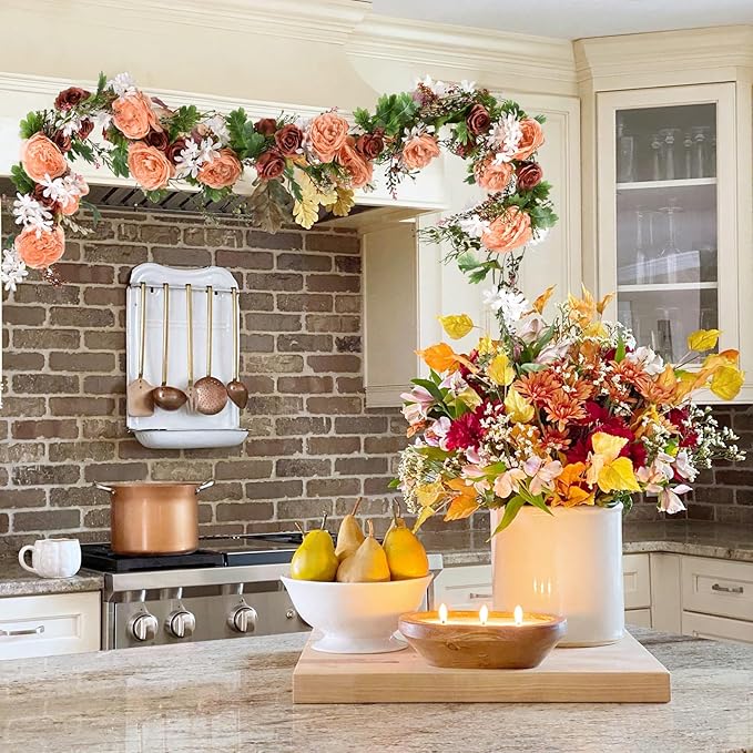 Lvydec 2 Pack Artificial Peony Flower Garland - 6ft Silk Peony Orange Flower Garland Arch Flower Vine for Wedding Party Table Decoration(Orange)