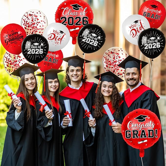 Red and Black Graduation Balloons Graduation Decorations 2026, 51Pcs Grad Latex Balloons and Grad Foil Balloon with Confetti Ribbons Grad Party Decorations for College High School