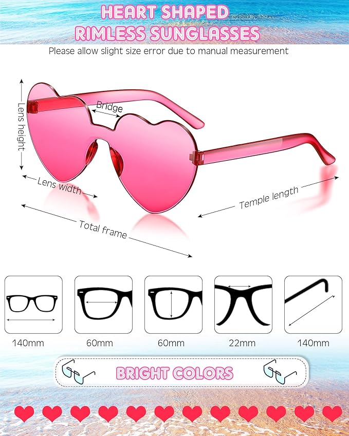 Photect 12 Pair Heart Shaped Sunglasses Neon Color Transparent Heart Glasses for Women Party Favor