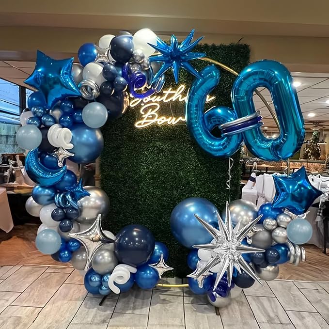 Blue White Silver Balloons Garland Arch Kit, 105Pcs Navy Metallic Blue Silver White Confetti Balloon with Explosion Star Foil Balloon for Birthday Graduation Wedding Fathers Day Retirement Party Decor