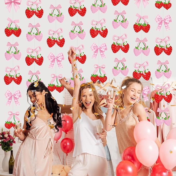 Xinnun Pink Bow Strawberry Party Decorations Pink Bow Hanging Banners Berry Sweet Banner Decor Bowknot Theme Streamer for Summer Birthday Bridal Engagement Bachelorette Wedding Party Decor(Strawberry)