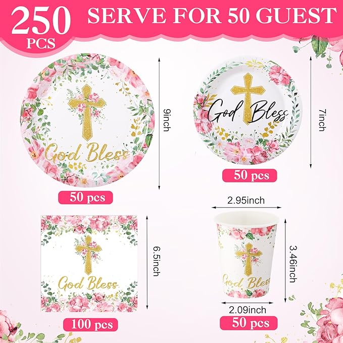 Pickmesh 250 Pcs Pink Baptism Cross Disposable Tableware Set First Holy Communion Baptism Disposable Paper Plates Napkins Cups for Christening Celebration Baby Shower Girl Religious Supplies, Serve 50